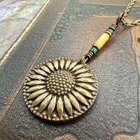 Sunflower Pendant, Bronze Jewelry, Ukraine Sunflower Necklace, Botanical Pendant, Green Witch, Leather & Vegan Cords, Handmade Earthy Gifts