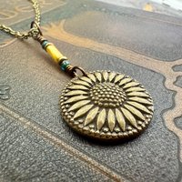 Sunflower Pendant, Bronze Jewelry, Ukraine Sunflower Necklace, Botanical Pendant, Green Witch, Leather & Vegan Cords, Handmade Earthy Gifts