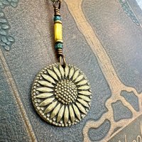 Sunflower Pendant, Bronze Jewelry, Ukraine Sunflower Necklace, Botanical Pendant, Green Witch, Leather & Vegan Cords, Handmade Earthy Gifts