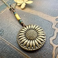 Sunflower Pendant, Bronze Jewelry, Ukraine Sunflower Necklace, Botanical Pendant, Green Witch, Leather & Vegan Cords, Handmade Earthy Gifts