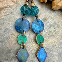 Copper Dangle Earrings, Patina Color, Czech Glass Beads, Hypoallergenic Ear Wires, Earthy Tribal, Boho Chic Style, Disc Drop Earrings