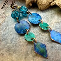 Copper Dangle Earrings, Patina Color, Czech Glass Beads, Hypoallergenic Ear Wires, Earthy Tribal, Boho Chic Style, Disc Drop Earrings