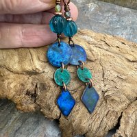 Copper Dangle Earrings, Patina Color, Czech Glass Beads, Hypoallergenic Ear Wires, Earthy Tribal, Boho Chic Style, Disc Drop Earrings