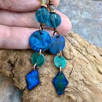 Copper Dangle Earrings, Patina Color, Czech Glass Beads, Hypoallergenic Ear Wires, Earthy Tribal, Boho Chic Style, Disc Drop Earrings