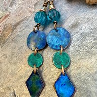 Copper Dangle Earrings, Patina Color, Czech Glass Beads, Hypoallergenic Ear Wires, Earthy Tribal, Boho Chic Style, Disc Drop Earrings
