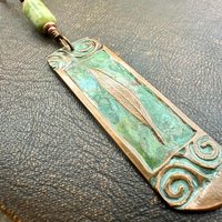 Willow Leaf Copper Pendant, Connemara Marble Bead, Verdigris Patina, Irish Celtic Spirals, Sacred Celtic Tree Astrology, Green Celtic Witch