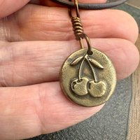 Bronze Cherry Charm, Door County Cherries, Handmade Bronze, Leather Vegan Cords, Wisconsin Cherry Trees, Souvenir Talisman of Door County