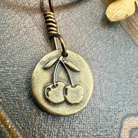 Bronze Cherry Charm, Door County Cherries, Handmade Bronze, Leather Vegan Cords, Wisconsin Cherry Trees, Souvenir Talisman of Door County