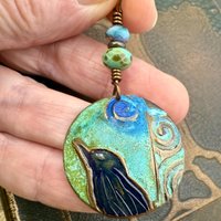 Copper Raven Pendant, Colorful Patina, Czech Glass Beads, Hand Carved, Irish Celtic Spirals, Celtic Witch Goddess, Crow Corvid Birds, Earthy