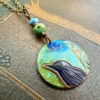 Copper Raven Pendant, Colorful Patina, Czech Glass Beads, Hand Carved, Irish Celtic Spirals, Celtic Witch Goddess, Crow Corvid Birds, Earthy