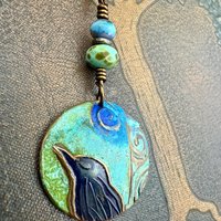 Copper Raven Pendant, Colorful Patina, Czech Glass Beads, Hand Carved, Irish Celtic Spirals, Celtic Witch Goddess, Crow Corvid Birds, Earthy