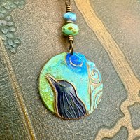 Copper Raven Pendant, Colorful Patina, Czech Glass Beads, Hand Carved, Irish Celtic Spirals, Celtic Witch Goddess, Crow Corvid Birds, Earthy