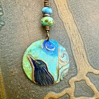 Copper Raven Pendant, Colorful Patina, Czech Glass Beads, Hand Carved, Irish Celtic Spirals, Celtic Witch Goddess, Crow Corvid Birds, Earthy