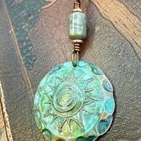 Celtic Sun Spiral Pendant, Copper Verdigris Patina, Irish Celtic Spirals, Connemara Marble, Leather & Vegan Cords, Earthy Rustic Art Jewelry