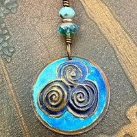 Newgrange Spirals, Copper Pendant, Czech Glass Beads, Triple Spiral, Irish Celtic Jewelry, Verdigris Patina, Blue Green Copper, Pagan Witch