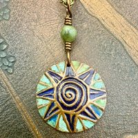 Celtic Sun Spiral Necklace, Copper Patina Pendant, Connemara Marble Bead, Irish Celtic Spirals, Colorful Sun, Pagan Celtic Witch, Handmade