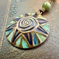 Celtic Sun Spiral Necklace, Copper Patina Pendant, Connemara Marble Bead, Irish Celtic Spirals, Colorful Sun, Pagan Celtic Witch, Handmade