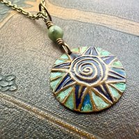 Celtic Sun Spiral Necklace, Copper Patina Pendant, Connemara Marble Bead, Irish Celtic Spirals, Colorful Sun, Pagan Celtic Witch, Handmade