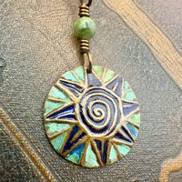 Celtic Sun Spiral Necklace, Copper Patina Pendant, Connemara Marble Bead, Irish Celtic Spirals, Colorful Sun, Pagan Celtic Witch, Handmade