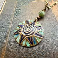 Celtic Sun Spiral Necklace, Copper Patina Pendant, Connemara Marble Bead, Irish Celtic Spirals, Colorful Sun, Pagan Celtic Witch, Handmade