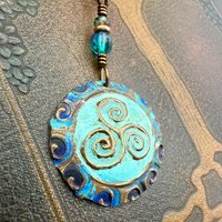Triskele Copper Pendant, Verdigris Patina, Hand Carved, Czech Glass Beads, Triskelion Triple Spiral, Irish Celtic Pagan, Newgrange Ireland