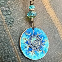Celtic Sun Spiral Necklace, Copper Patina Pendant, Czech Glass Beads, Irish Celtic Spirals, Colorful Sun, Pagan Celtic Witch, Sun Goddess