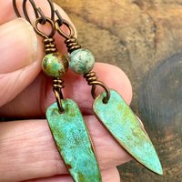 Verdigris Earrings, Copper Patina, Dagger Dangle, Turquoise Beads, Boho Hippie Style, Blue Green Earthy, Soul Harbor Jewelry, Earth Witch
