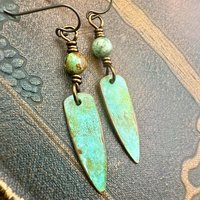 Verdigris Earrings, Copper Patina, Dagger Dangle, Turquoise Beads, Boho Hippie Style, Blue Green Earthy, Soul Harbor Jewelry, Earth Witch