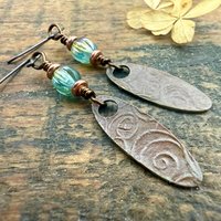 Tribal Verdigris Earrings, Copper Patina, Czech Glass Beads, Boho Hippie Dangles, Green Witch, Blue Green Earthy, Soul Harbor Jewelry