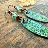Tribal Verdigris Earrings, Copper Patina, Czech Glass Beads, Boho Hippie Dangles, Green Witch, Blue Green Earthy, Soul Harbor Jewelry