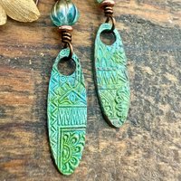 Tribal Verdigris Earrings, Copper Patina, Czech Glass Beads, Boho Hippie Dangles, Green Witch, Blue Green Earthy, Soul Harbor Jewelry