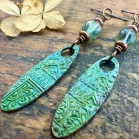 Tribal Verdigris Earrings, Copper Patina, Czech Glass Beads, Boho Hippie Dangles, Green Witch, Blue Green Earthy, Soul Harbor Jewelry