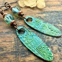 Tribal Verdigris Earrings, Copper Patina, Czech Glass Beads, Boho Hippie Dangles, Green Witch, Blue Green Earthy, Soul Harbor Jewelry