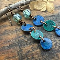 Copper Dangle Earrings, Patina Color, Czech Glass Beads, Hypoallergenic Ear Wires, Earthy Tribal, Boho Chic Style, Disc Drop Earrings