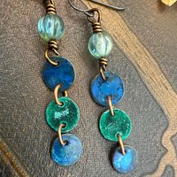 Copper Dangle Earrings, Patina Color, Czech Glass Beads, Hypoallergenic Ear Wires, Earthy Tribal, Boho Chic Style, Disc Drop Earrings