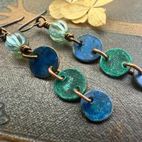 Copper Dangle Earrings, Patina Color, Czech Glass Beads, Hypoallergenic Ear Wires, Earthy Tribal, Boho Chic Style, Disc Drop Earrings
