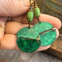 Split Hinged Earrings, Copper Verdigris Patina, Turquoise Beads, Boho Hippie Dangles, Green Witch, Blue Green Earthy, Rustic Art jewelry