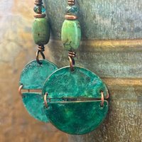 Split Hinged Earrings, Copper Verdigris Patina, Turquoise Beads, Boho Hippie Dangles, Green Witch, Blue Green Earthy, Rustic Art jewelry