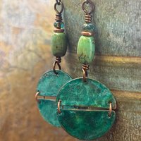 Split Hinged Earrings, Copper Verdigris Patina, Turquoise Beads, Boho Hippie Dangles, Green Witch, Blue Green Earthy, Rustic Art jewelry