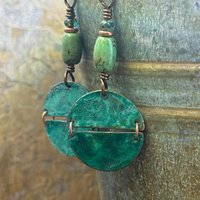 Split Hinged Earrings, Copper Verdigris Patina, Turquoise Beads, Boho Hippie Dangles, Green Witch, Blue Green Earthy, Rustic Art jewelry