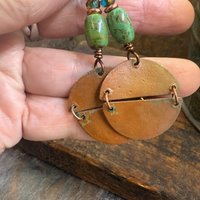 Split Hinged Earrings, Copper Verdigris Patina, Turquoise Beads, Boho Hippie Dangles, Green Witch, Blue Green Earthy, Rustic Art jewelry