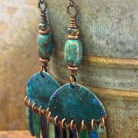 Chandelier Dangle Earrings, Copper & Colorful Patina, African Turquoise Beads, Hypoallergenic Ear Wire, Earthy Rustic, Bohemian, Art Jewelry