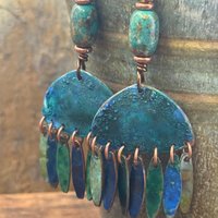Chandelier Dangle Earrings, Copper & Colorful Patina, African Turquoise Beads, Hypoallergenic Ear Wire, Earthy Rustic, Bohemian, Art Jewelry