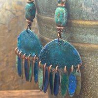 Chandelier Dangle Earrings, Copper & Colorful Patina, African Turquoise Beads, Hypoallergenic Ear Wire, Earthy Rustic, Bohemian, Art Jewelry