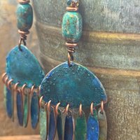 Chandelier Dangle Earrings, Copper & Colorful Patina, African Turquoise Beads, Hypoallergenic Ear Wire, Earthy Rustic, Bohemian, Art Jewelry