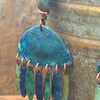 Chandelier Dangle Earrings, Copper & Colorful Patina, African Turquoise Beads, Hypoallergenic Ear Wire, Earthy Rustic, Bohemian, Art Jewelry