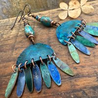 Chandelier Dangle Earrings, Copper & Colorful Patina, African Turquoise Beads, Hypoallergenic Ear Wire, Earthy Rustic, Bohemian, Art Jewelry