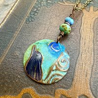 Copper Raven Pendant, Colorful Patina, Czech Glass Beads, Hand Carved, Irish Celtic Spirals, Celtic Witch Goddess, Crow Corvid Birds, Earthy