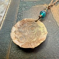 Triskele Copper Pendant, Verdigris Patina, Hand Carved, Czech Glass Beads, Triskelion Triple Spiral, Irish Celtic Pagan, Newgrange Ireland