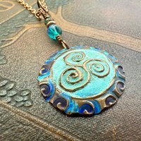 Triskele Copper Pendant, Verdigris Patina, Hand Carved, Czech Glass Beads, Triskelion Triple Spiral, Irish Celtic Pagan, Newgrange Ireland